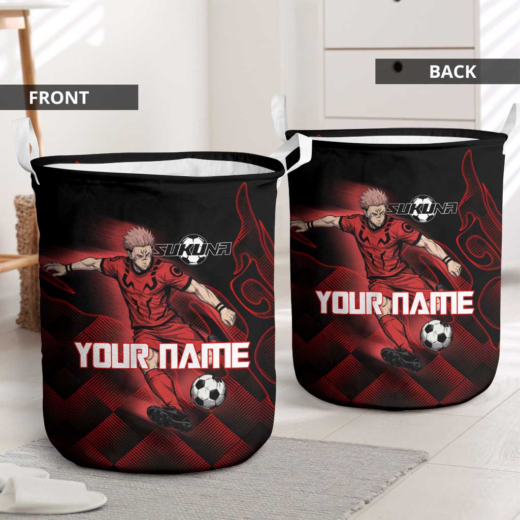 Personalized Sukuna Jujutsu Kaisen Soccer Theme Laundry Basket with Powerful Kick Pose and Red Black Plaid Graphic Design - The Mazicc