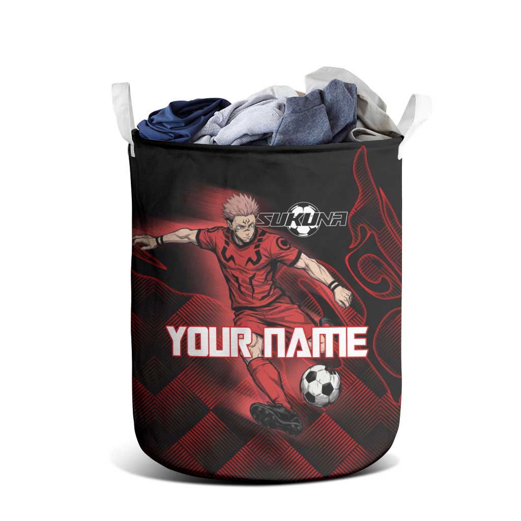 Personalized Sukuna Jujutsu Kaisen Soccer Theme Laundry Basket with Powerful Kick Pose and Red Black Plaid Graphic Design - The Mazicc