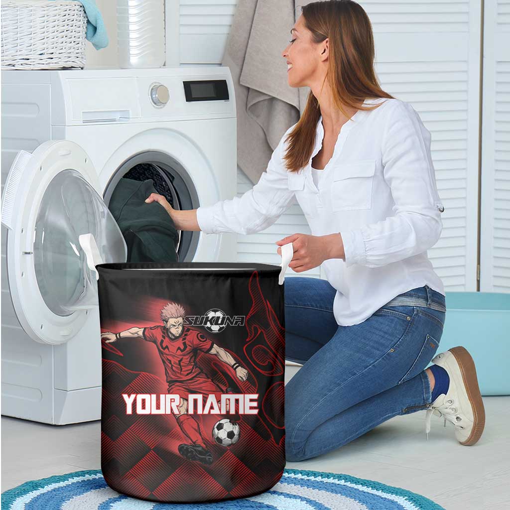 Personalized Sukuna Jujutsu Kaisen Soccer Theme Laundry Basket with Powerful Kick Pose and Red Black Plaid Graphic Design - The Mazicc