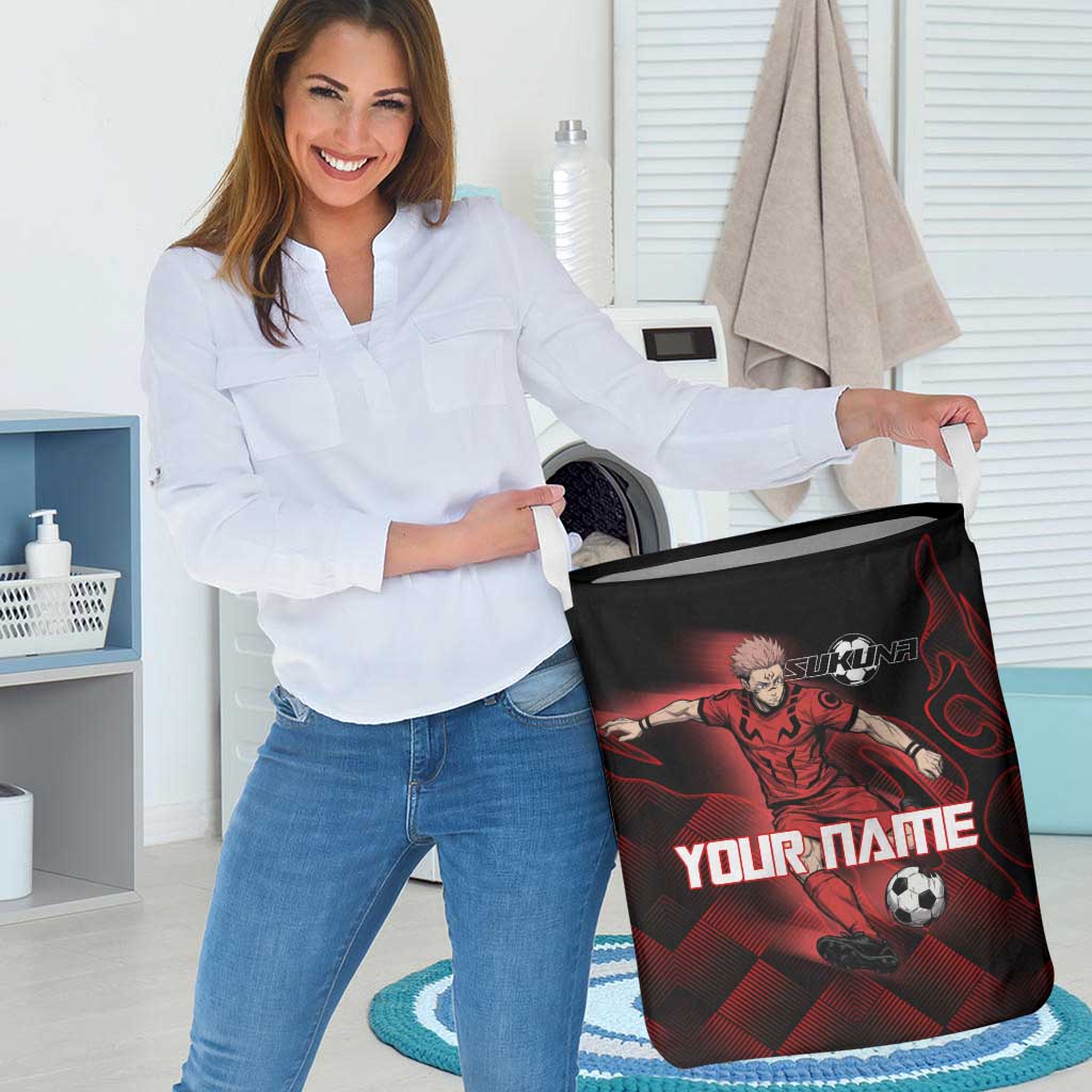 Personalized Sukuna Jujutsu Kaisen Soccer Theme Laundry Basket with Powerful Kick Pose and Red Black Plaid Graphic Design - The Mazicc