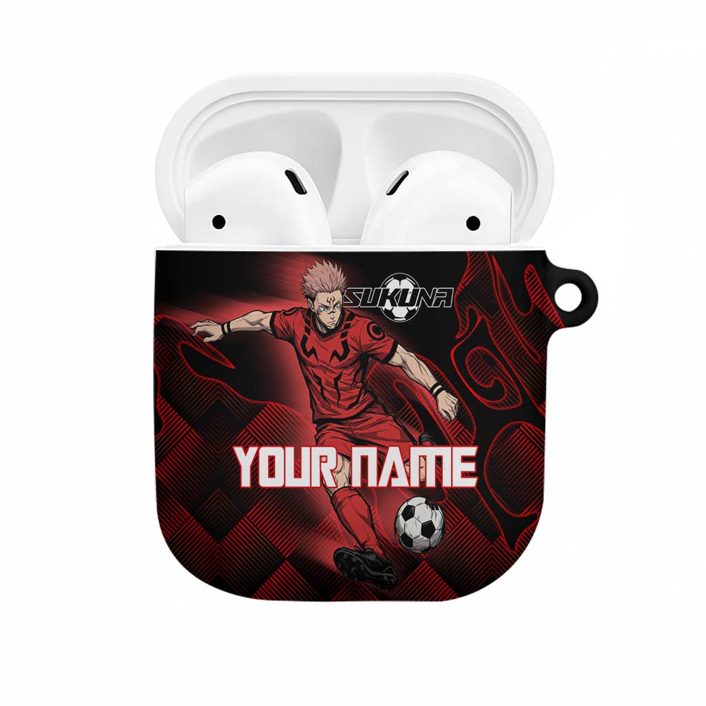 Personalized Sukuna Jujutsu Kaisen Soccer Theme AirPods Case with Powerful Kick Pose and Red Black Plaid Graphic Design - The Mazicc