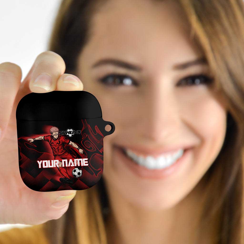 Personalized Sukuna Jujutsu Kaisen Soccer Theme AirPods Case with Powerful Kick Pose and Red Black Plaid Graphic Design - The Mazicc