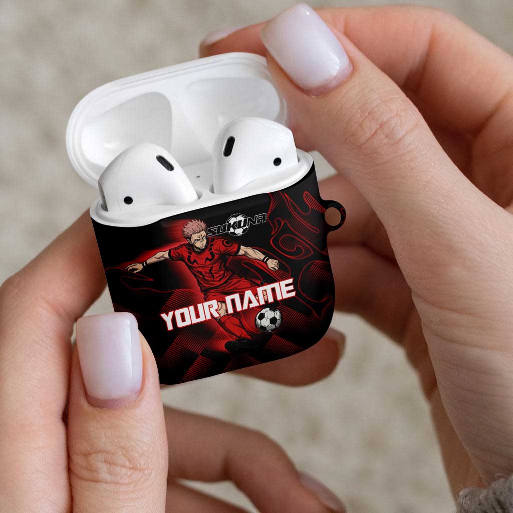 Personalized Sukuna Jujutsu Kaisen Soccer Theme AirPods Case with Powerful Kick Pose and Red Black Plaid Graphic Design - The Mazicc