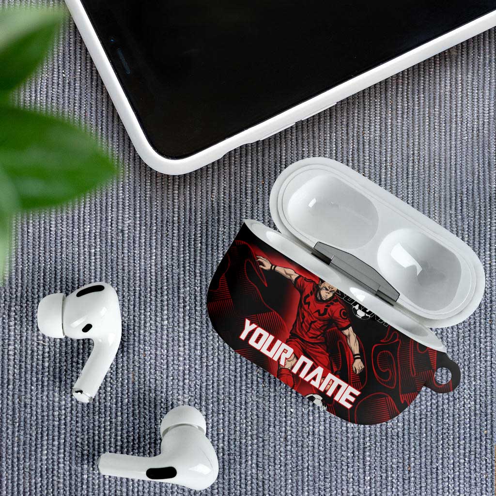 Personalized Sukuna Jujutsu Kaisen Soccer Theme AirPods Case with Powerful Kick Pose and Red Black Plaid Graphic Design - The Mazicc