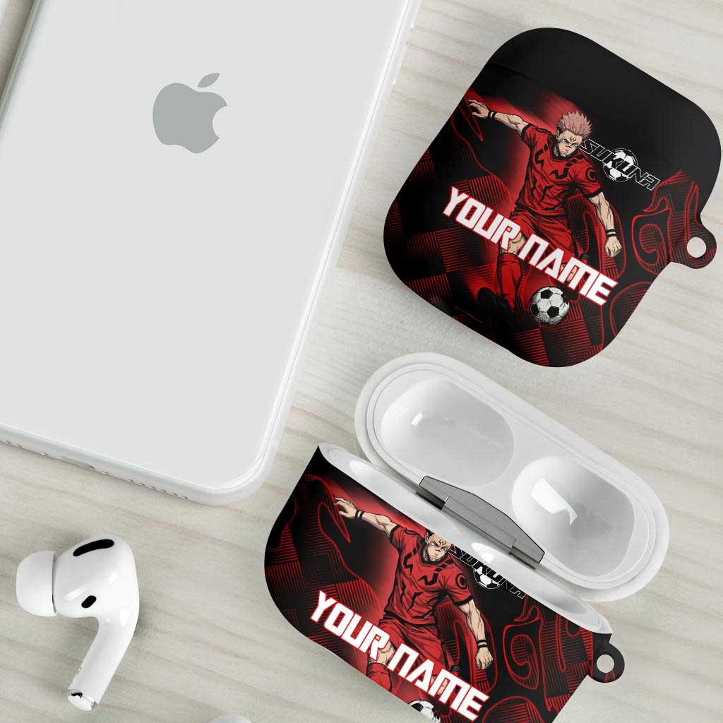 Personalized Sukuna Jujutsu Kaisen Soccer Theme AirPods Case with Powerful Kick Pose and Red Black Plaid Graphic Design - The Mazicc