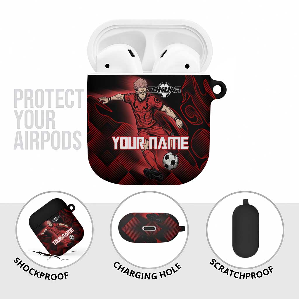 Personalized Sukuna Jujutsu Kaisen Soccer Theme AirPods Case with Powerful Kick Pose and Red Black Plaid Graphic Design - The Mazicc