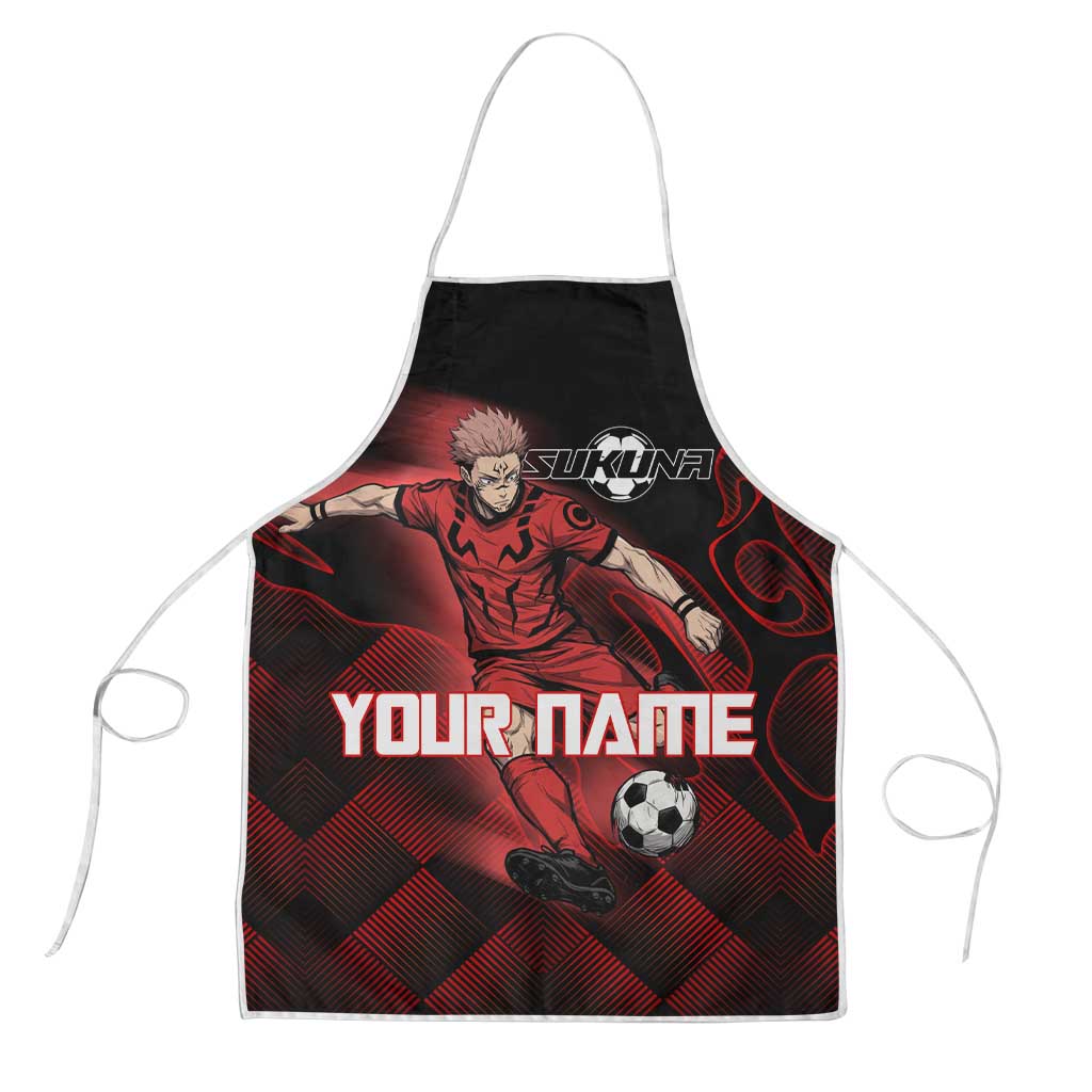 Personalized Sukuna Jujutsu Kaisen Soccer Theme Apron with Powerful Kick Pose and Red Black Plaid Graphic Design - The Mazicc