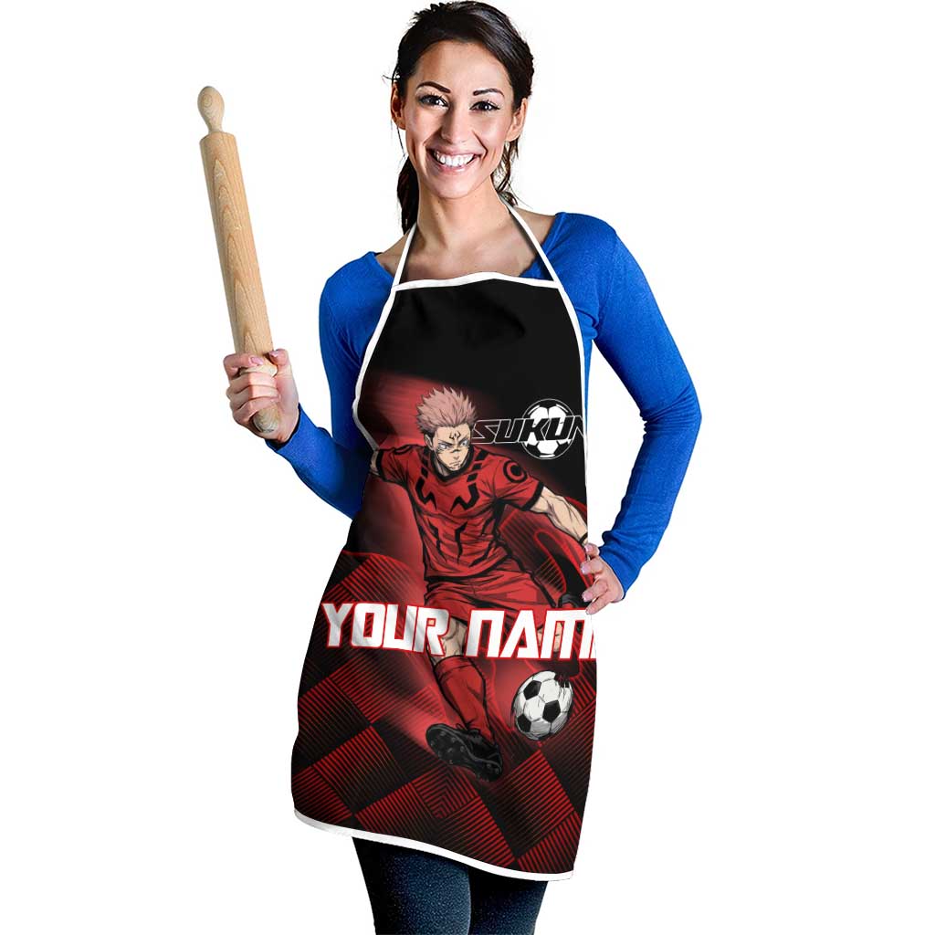 Personalized Sukuna Jujutsu Kaisen Soccer Theme Apron with Powerful Kick Pose and Red Black Plaid Graphic Design - The Mazicc