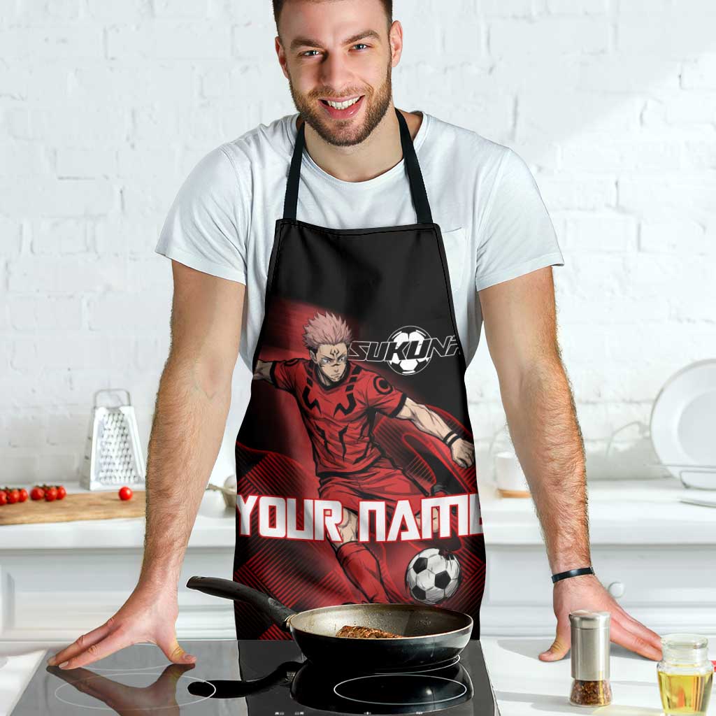 Personalized Sukuna Jujutsu Kaisen Soccer Theme Apron with Powerful Kick Pose and Red Black Plaid Graphic Design - The Mazicc