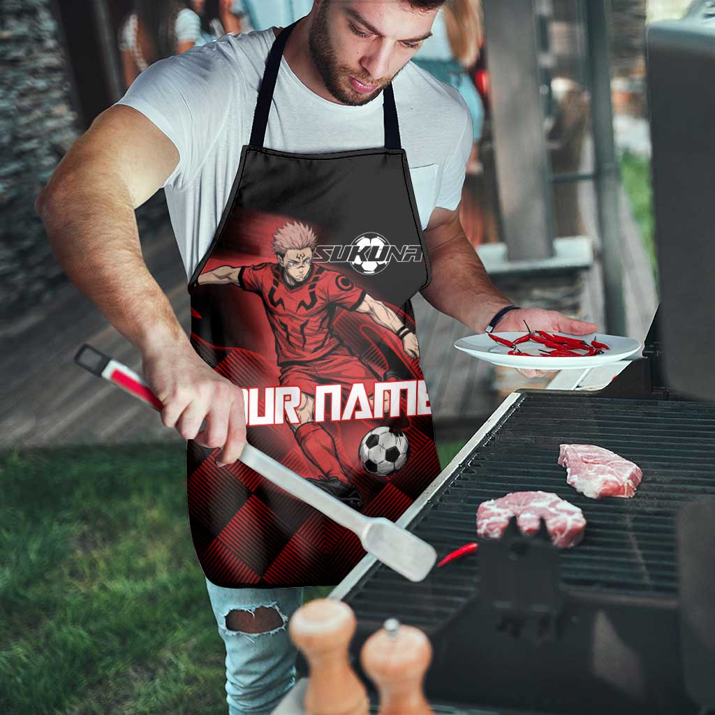 Personalized Sukuna Jujutsu Kaisen Soccer Theme Apron with Powerful Kick Pose and Red Black Plaid Graphic Design - The Mazicc