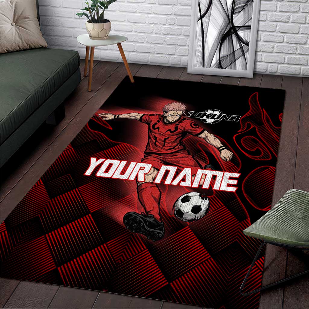 Personalized Sukuna Jujutsu Kaisen Soccer Theme Area Rug with Powerful Kick Pose and Red Black Plaid Graphic Design - The Mazicc