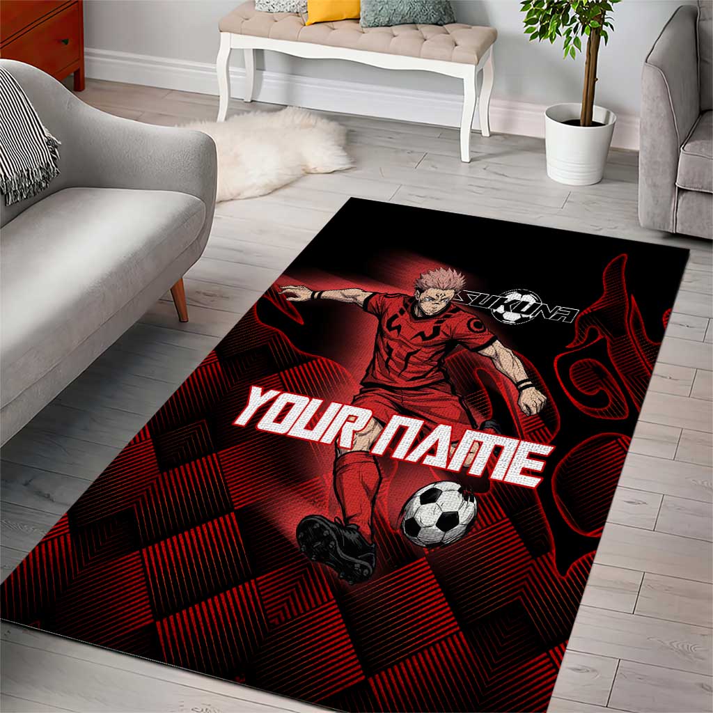 Personalized Sukuna Jujutsu Kaisen Soccer Theme Area Rug with Powerful Kick Pose and Red Black Plaid Graphic Design - The Mazicc