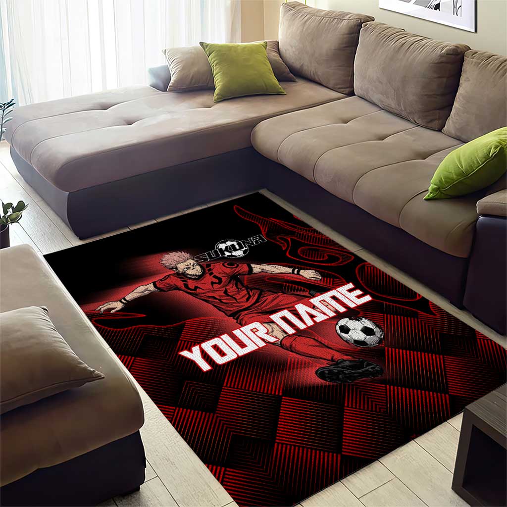 Personalized Sukuna Jujutsu Kaisen Soccer Theme Area Rug with Powerful Kick Pose and Red Black Plaid Graphic Design - The Mazicc