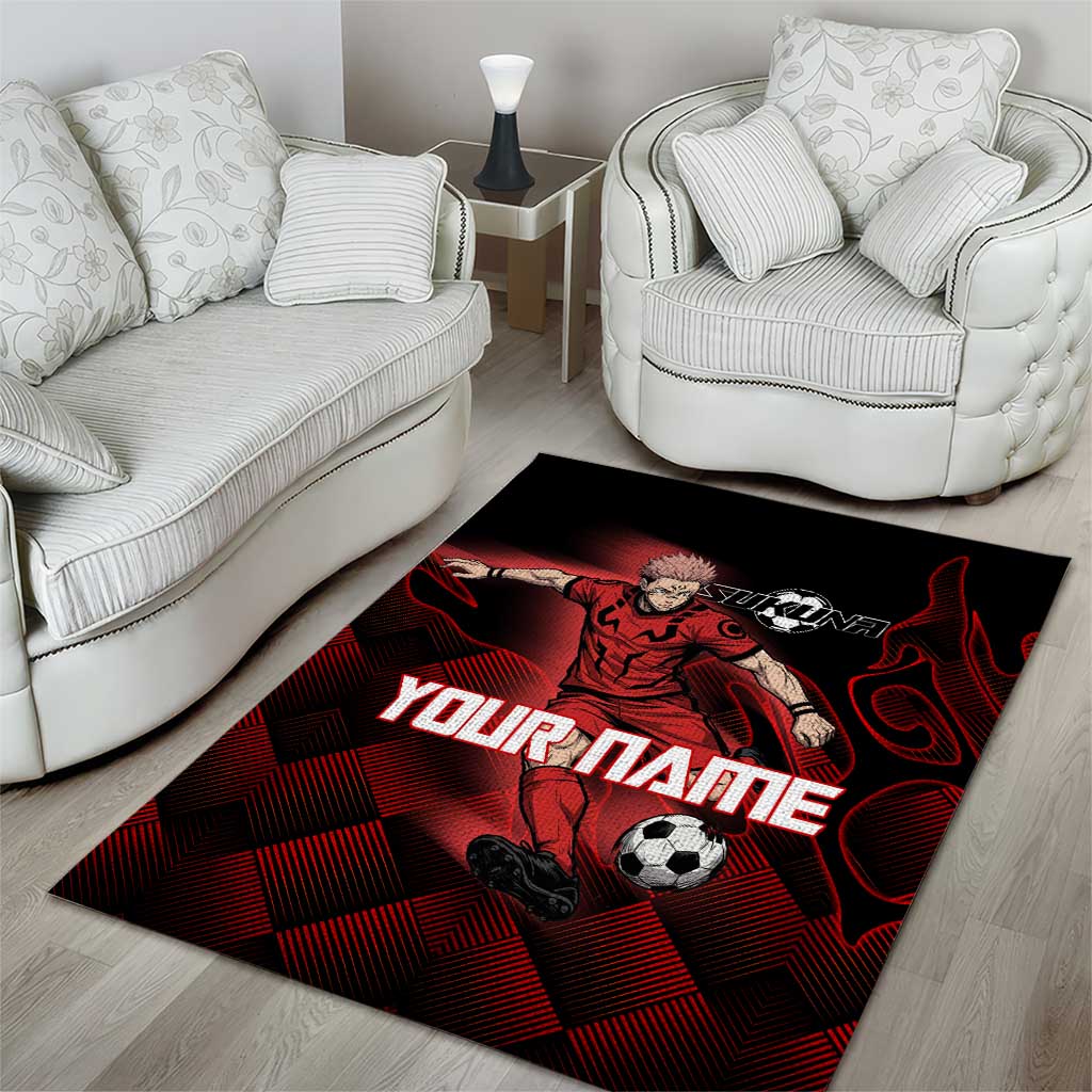 Personalized Sukuna Jujutsu Kaisen Soccer Theme Area Rug with Powerful Kick Pose and Red Black Plaid Graphic Design - The Mazicc