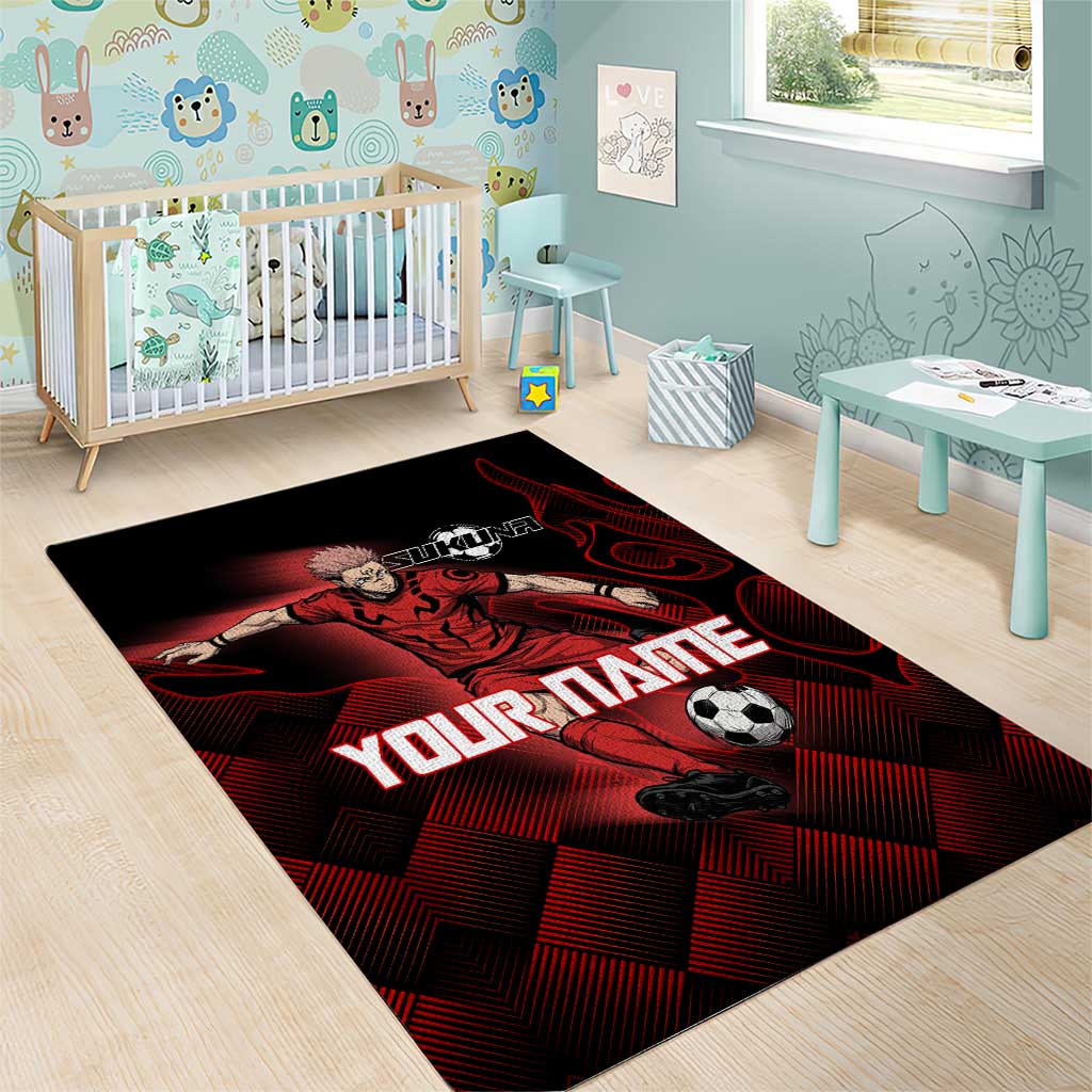 Personalized Sukuna Jujutsu Kaisen Soccer Theme Area Rug with Powerful Kick Pose and Red Black Plaid Graphic Design - The Mazicc