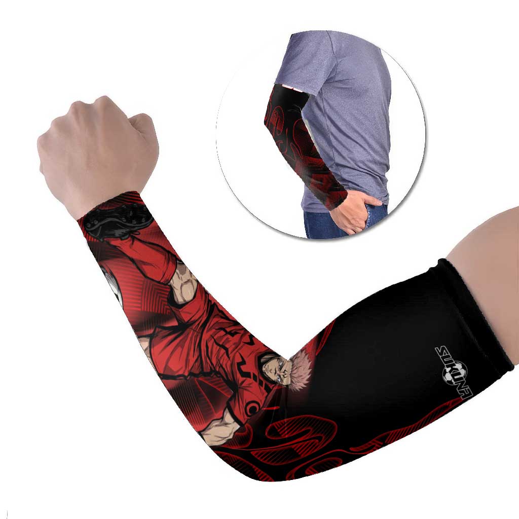Personalized Sukuna Jujutsu Kaisen Soccer Theme Arm Sleeves with Powerful Kick Pose and Red Black Plaid Graphic Design - The Mazicc