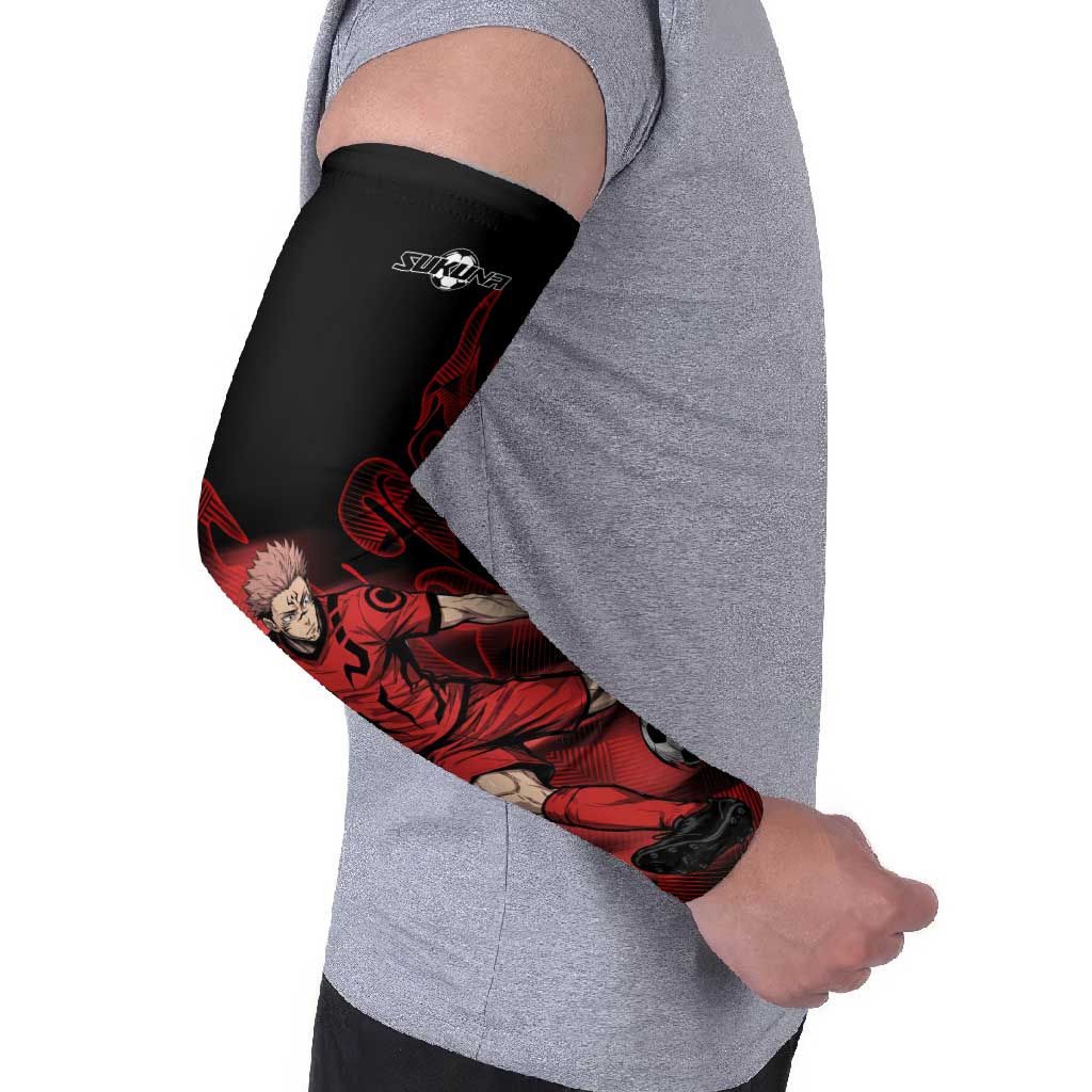 Personalized Sukuna Jujutsu Kaisen Soccer Theme Arm Sleeves with Powerful Kick Pose and Red Black Plaid Graphic Design - The Mazicc