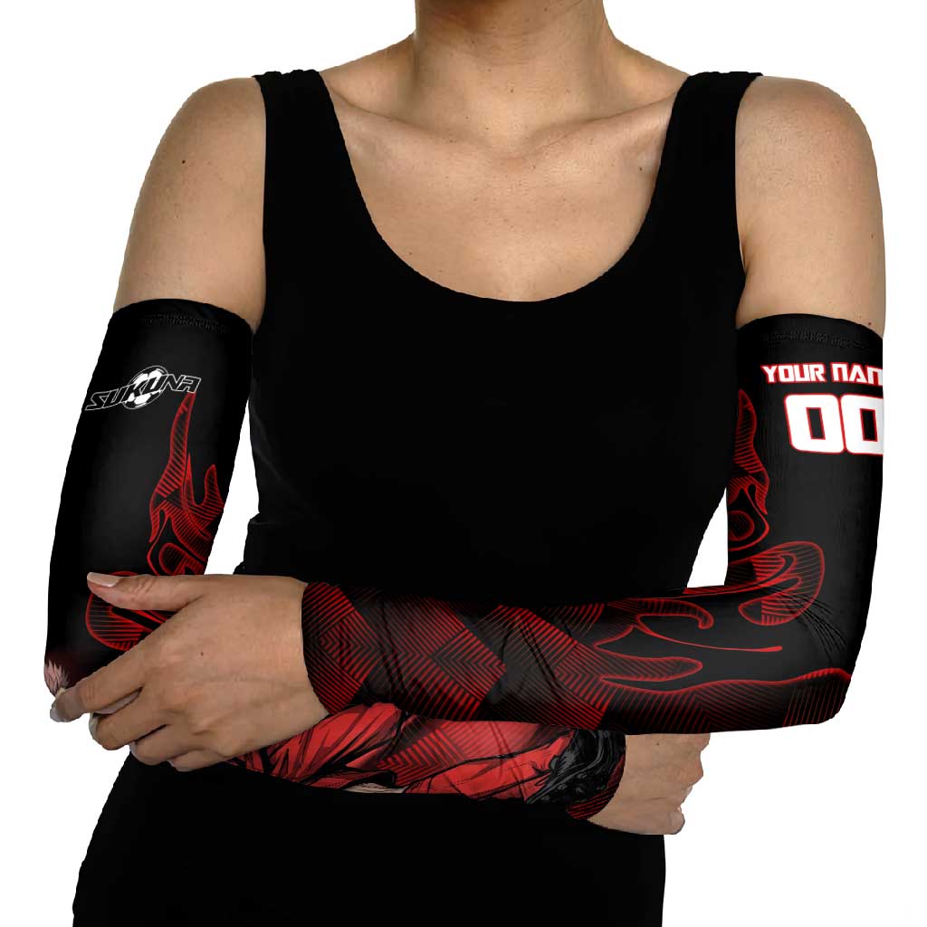 Personalized Sukuna Jujutsu Kaisen Soccer Theme Arm Sleeves with Powerful Kick Pose and Red Black Plaid Graphic Design - The Mazicc