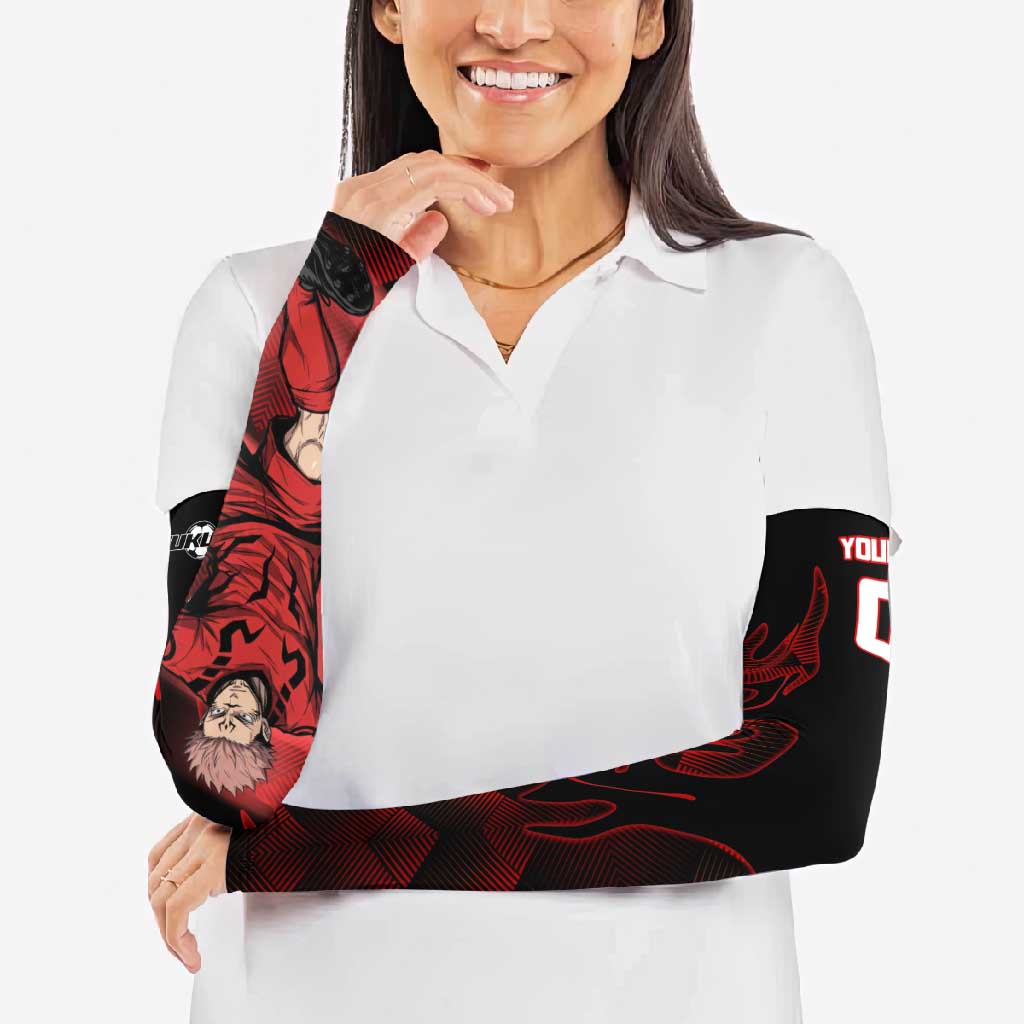 Personalized Sukuna Jujutsu Kaisen Soccer Theme Arm Sleeves with Powerful Kick Pose and Red Black Plaid Graphic Design - The Mazicc