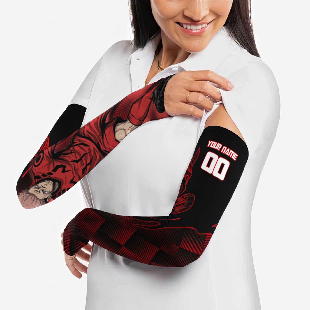 Personalized Sukuna Jujutsu Kaisen Soccer Theme Arm Sleeves with Powerful Kick Pose and Red Black Plaid Graphic Design - The Mazicc