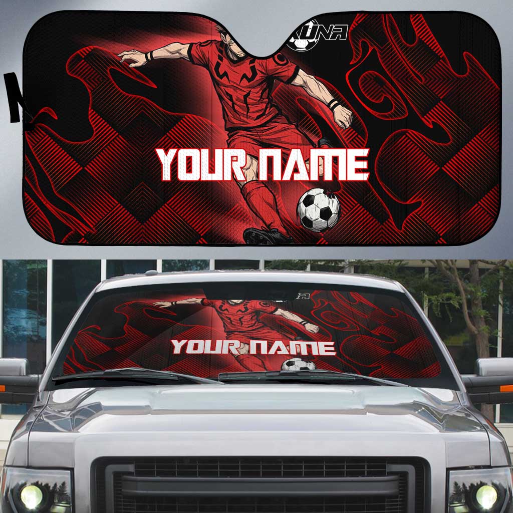 Personalized Sukuna Jujutsu Kaisen Soccer Theme Auto Sun Shade with Powerful Kick Pose and Red Black Plaid Graphic Design - The Mazicc