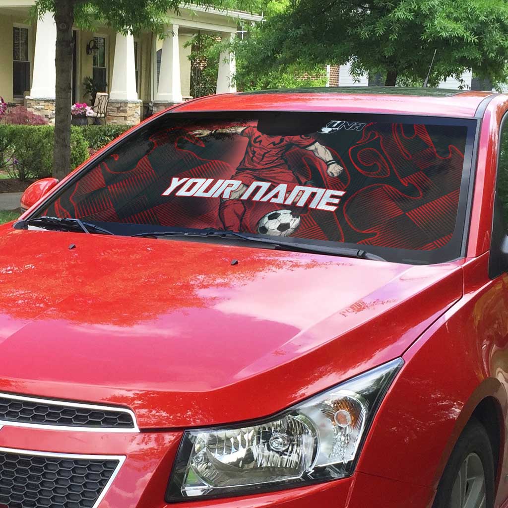 Personalized Sukuna Jujutsu Kaisen Soccer Theme Auto Sun Shade with Powerful Kick Pose and Red Black Plaid Graphic Design - The Mazicc