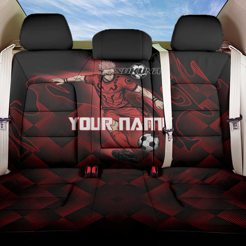 Personalized Sukuna Jujutsu Kaisen Soccer Theme Back Car Seat Cover with Powerful Kick Pose and Red Black Plaid Graphic Design - The Mazicc