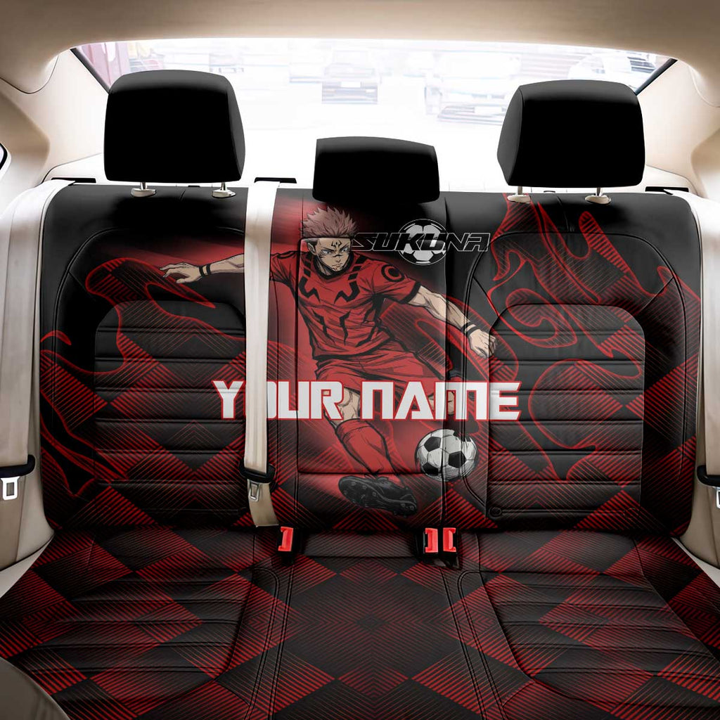 Personalized Sukuna Jujutsu Kaisen Soccer Theme Back Car Seat Cover with Powerful Kick Pose and Red Black Plaid Graphic Design - The Mazicc