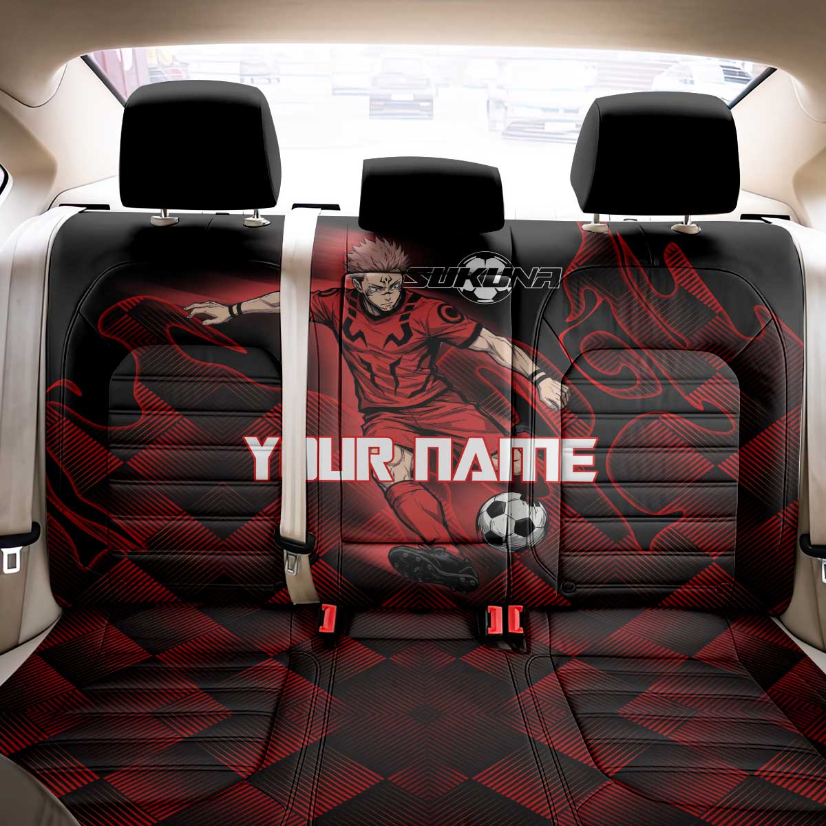 Personalized Sukuna Jujutsu Kaisen Soccer Theme Back Car Seat Cover with Powerful Kick Pose and Red Black Plaid Graphic Design - The Mazicc