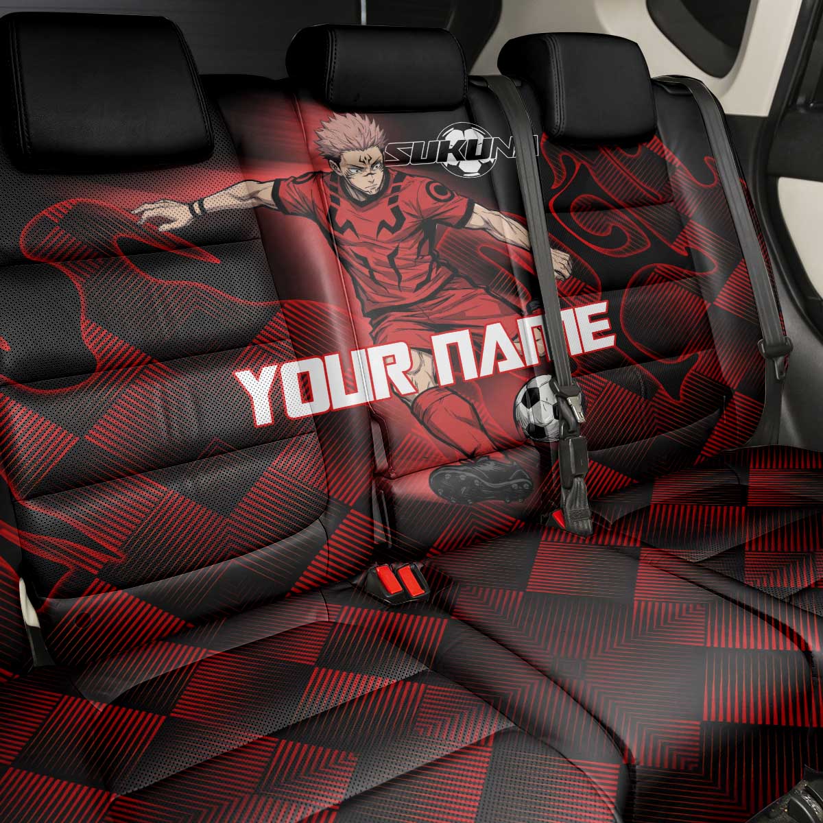 Personalized Sukuna Jujutsu Kaisen Soccer Theme Back Car Seat Cover with Powerful Kick Pose and Red Black Plaid Graphic Design - The Mazicc