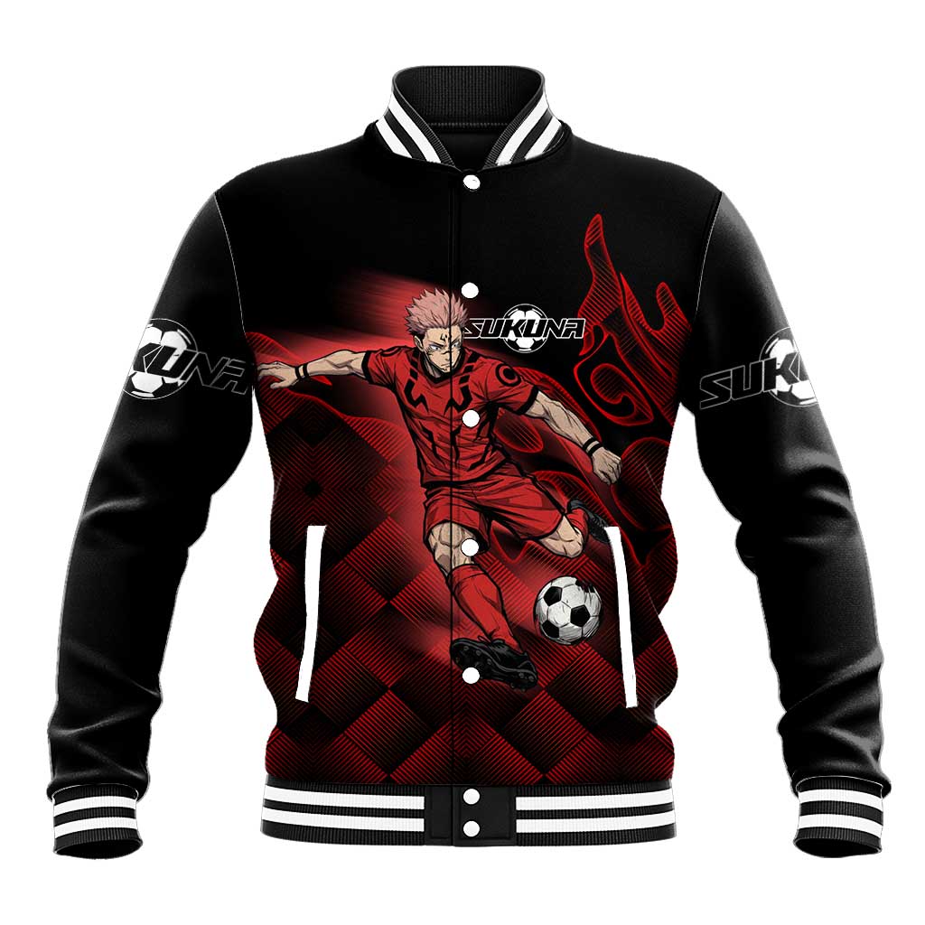 Personalized Sukuna Jujutsu Kaisen Soccer Theme Baseball Jacket with Powerful Kick Pose and Red Black Plaid Graphic Design - The Mazicc