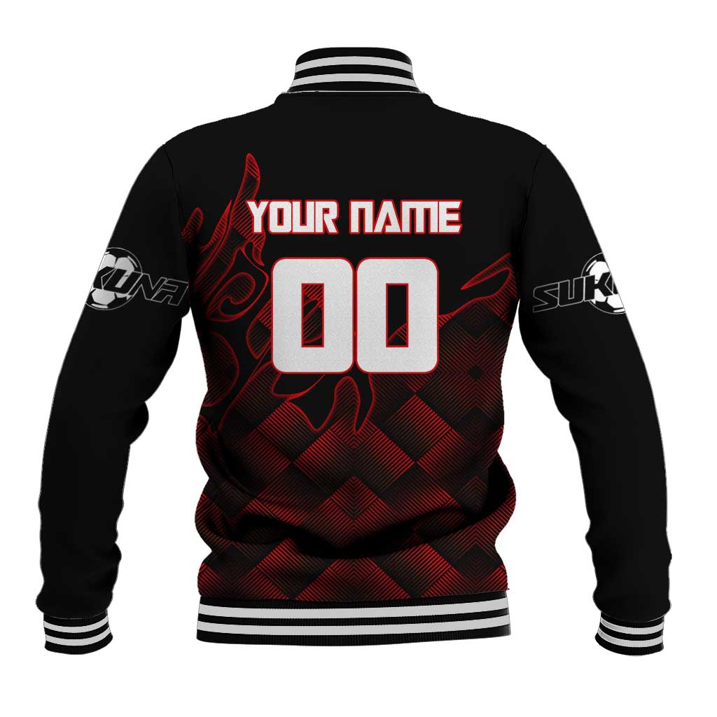 Personalized Sukuna Jujutsu Kaisen Soccer Theme Baseball Jacket with Powerful Kick Pose and Red Black Plaid Graphic Design - The Mazicc