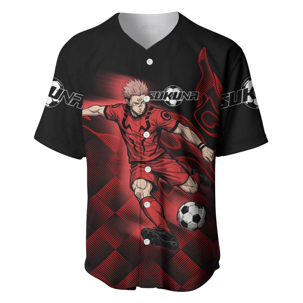 Personalized Sukuna Jujutsu Kaisen Soccer Theme Baseball Jersey with Powerful Kick Pose and Red Black Plaid Graphic Design - The Mazicc