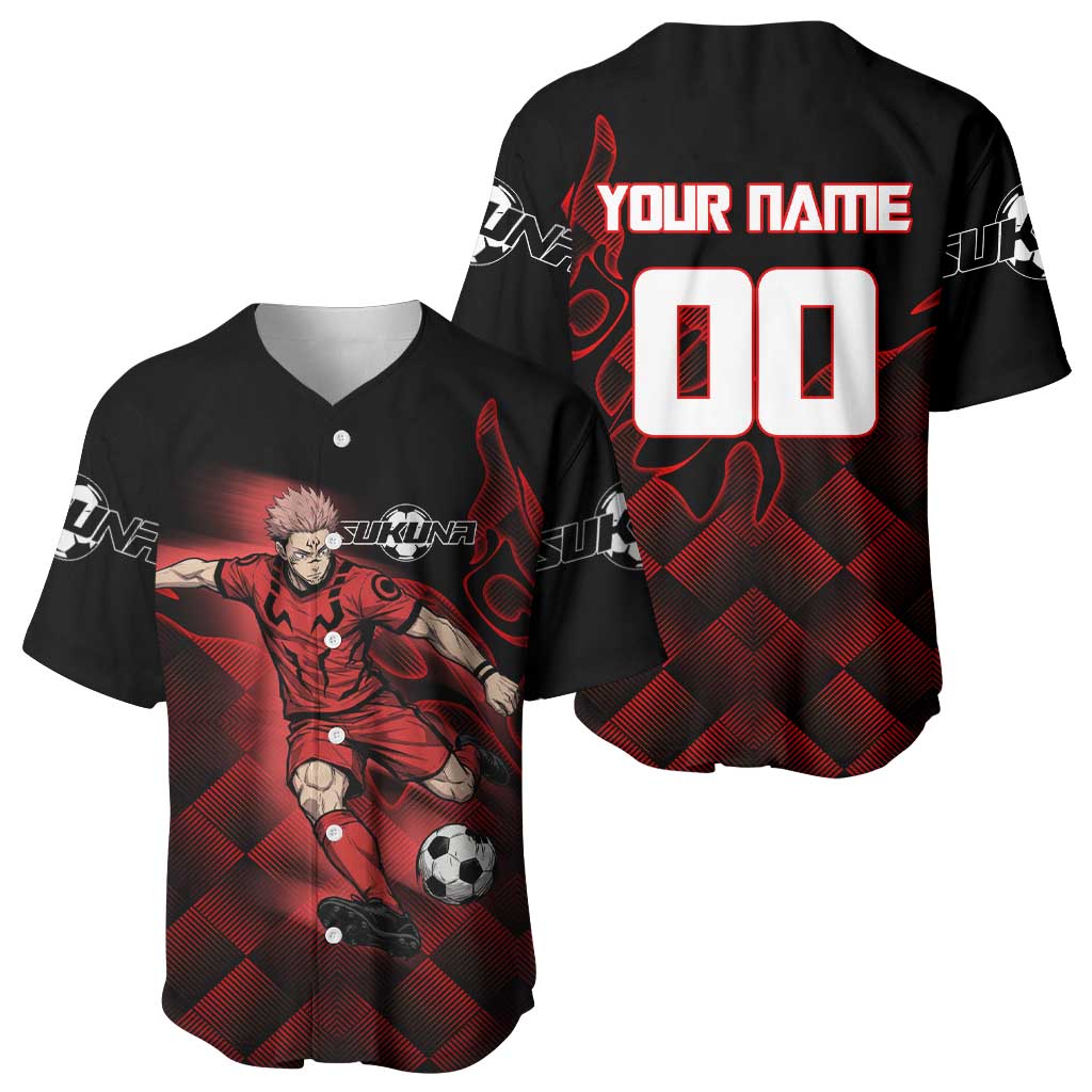 Personalized Sukuna Jujutsu Kaisen Soccer Theme Baseball Jersey with Powerful Kick Pose and Red Black Plaid Graphic Design - The Mazicc