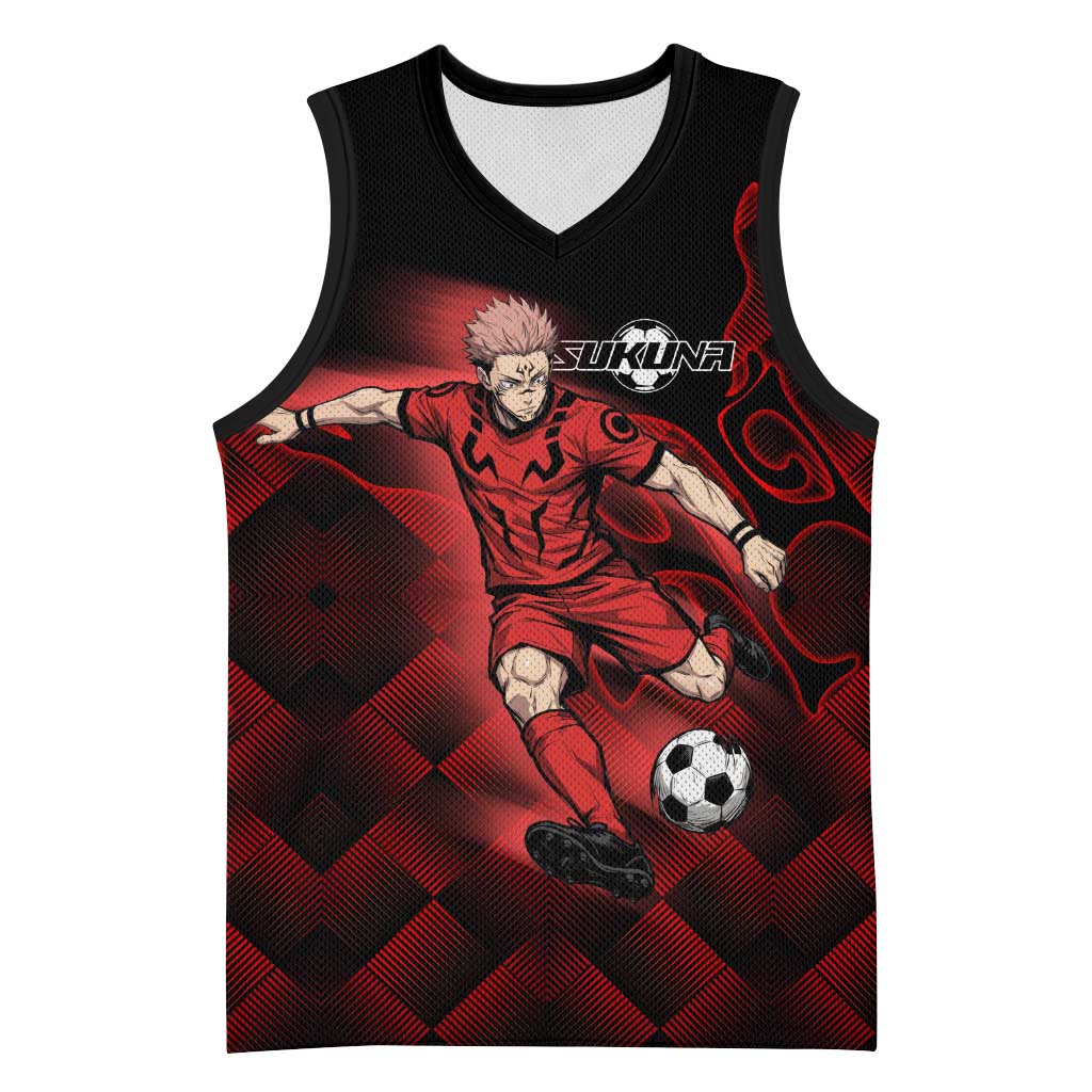 Personalized Sukuna Jujutsu Kaisen Soccer Theme Basketball Jersey with Powerful Kick Pose and Red Black Plaid Graphic Design - The Mazicc