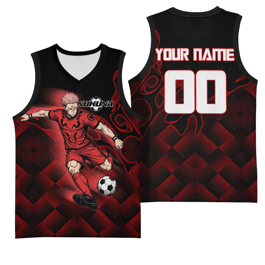 Personalized Sukuna Jujutsu Kaisen Soccer Theme Basketball Jersey with Powerful Kick Pose and Red Black Plaid Graphic Design - The Mazicc