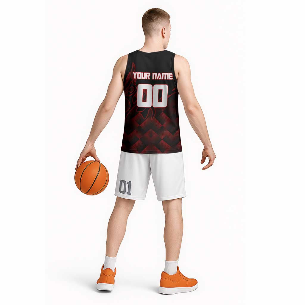 Personalized Sukuna Jujutsu Kaisen Soccer Theme Basketball Jersey with Powerful Kick Pose and Red Black Plaid Graphic Design - The Mazicc