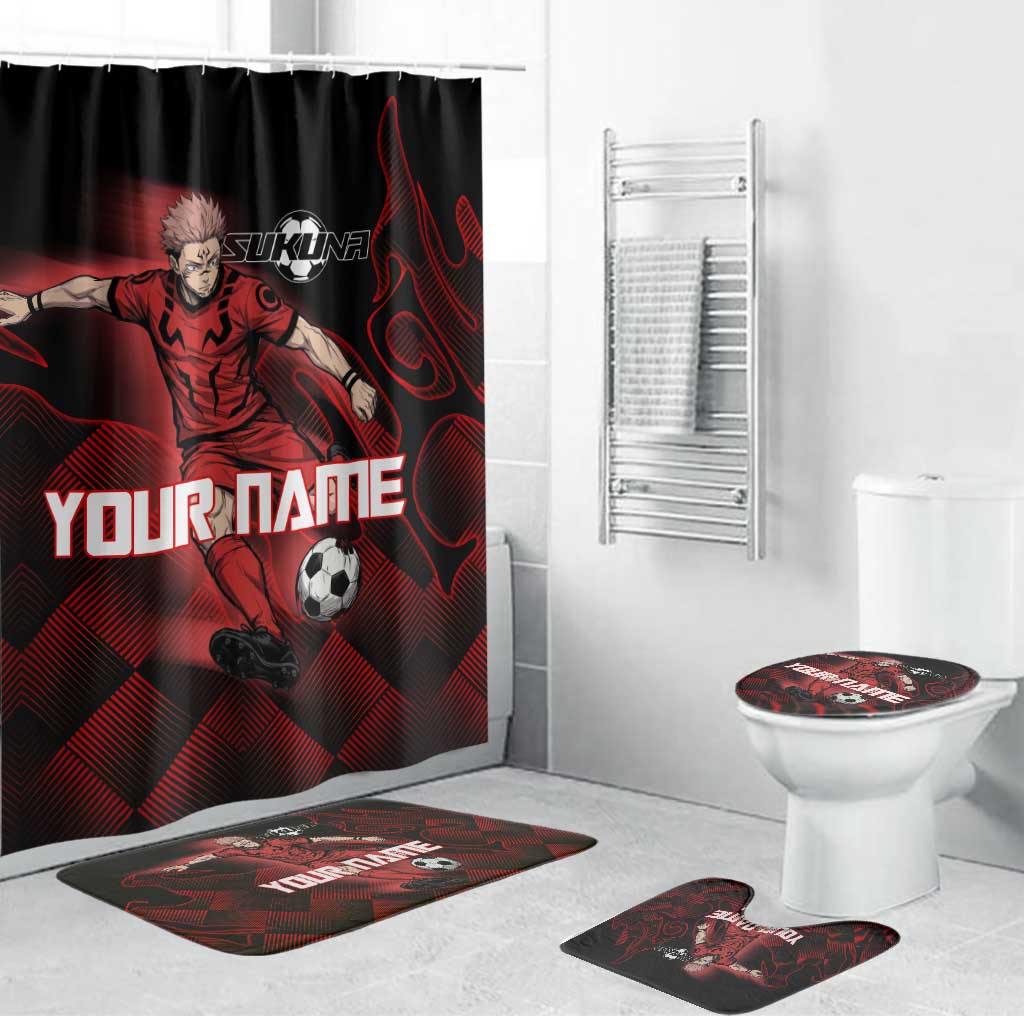 Personalized Sukuna Jujutsu Kaisen Soccer Theme Bathroom Set with Powerful Kick Pose and Red Black Plaid Graphic Design - The Mazicc