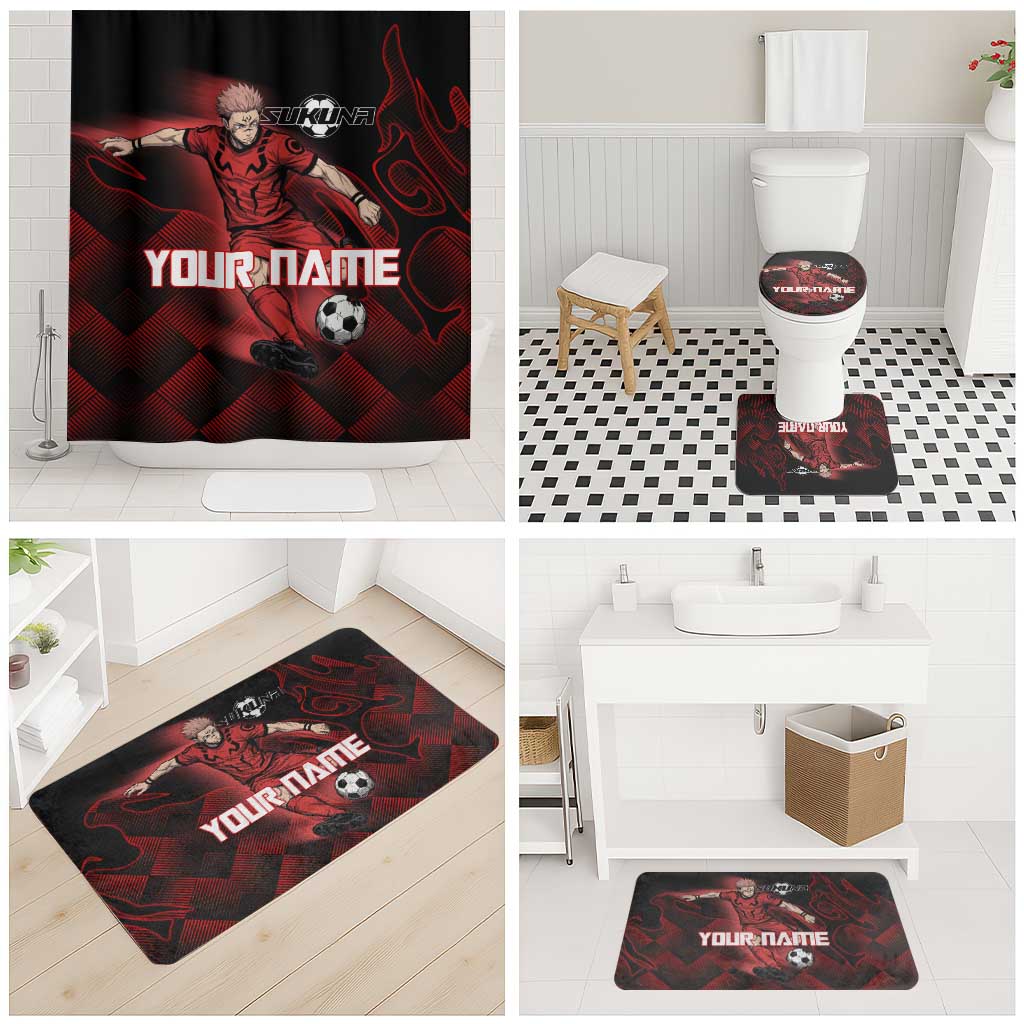 Personalized Sukuna Jujutsu Kaisen Soccer Theme Bathroom Set with Powerful Kick Pose and Red Black Plaid Graphic Design - The Mazicc