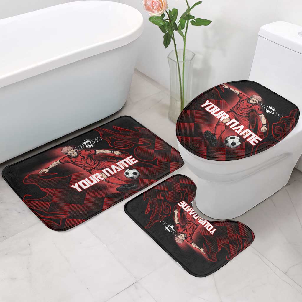 Personalized Sukuna Jujutsu Kaisen Soccer Theme Bathroom Set with Powerful Kick Pose and Red Black Plaid Graphic Design - The Mazicc