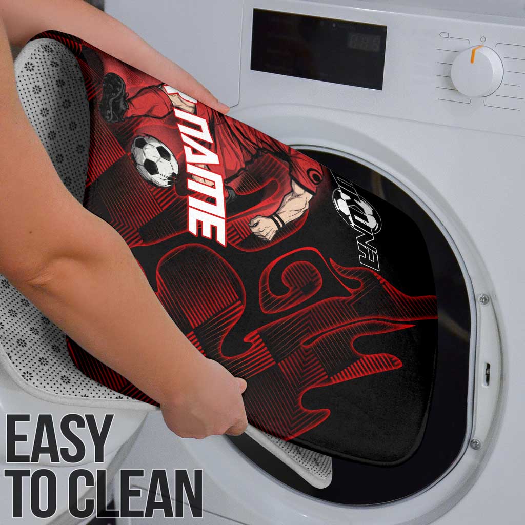 Personalized Sukuna Jujutsu Kaisen Soccer Theme Bathroom Set with Powerful Kick Pose and Red Black Plaid Graphic Design - The Mazicc