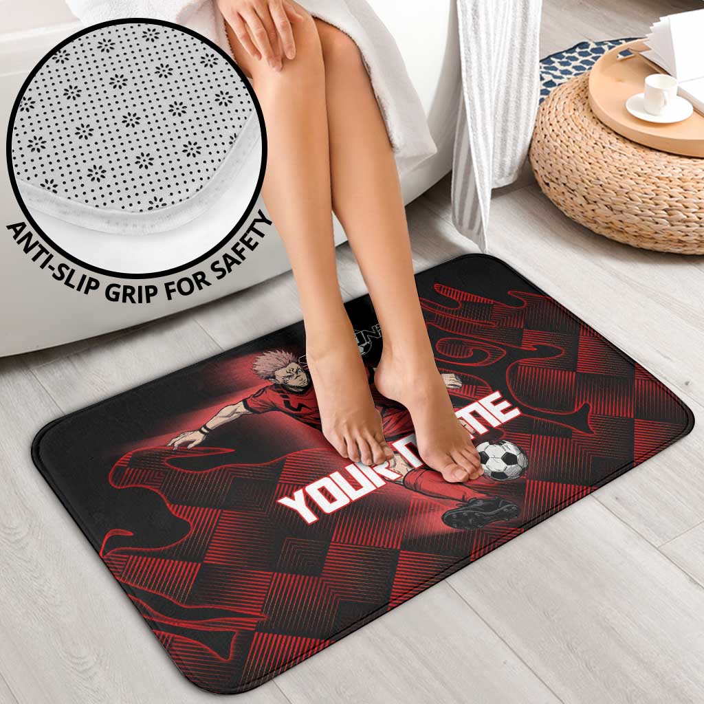 Personalized Sukuna Jujutsu Kaisen Soccer Theme Bathroom Set with Powerful Kick Pose and Red Black Plaid Graphic Design - The Mazicc