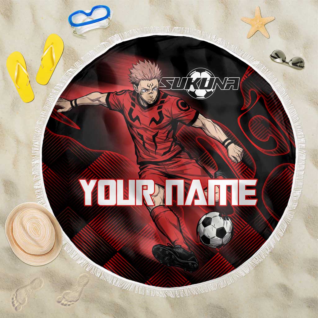 Personalized Sukuna Jujutsu Kaisen Soccer Theme Beach Blanket with Powerful Kick Pose and Red Black Plaid Graphic Design - The Mazicc
