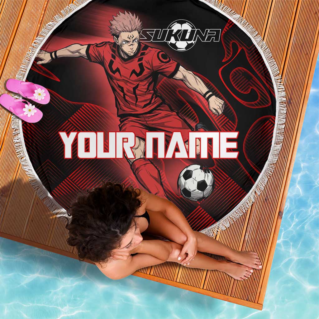 Personalized Sukuna Jujutsu Kaisen Soccer Theme Beach Blanket with Powerful Kick Pose and Red Black Plaid Graphic Design - The Mazicc