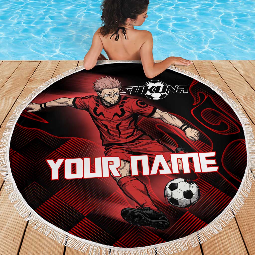 Personalized Sukuna Jujutsu Kaisen Soccer Theme Beach Blanket with Powerful Kick Pose and Red Black Plaid Graphic Design - The Mazicc