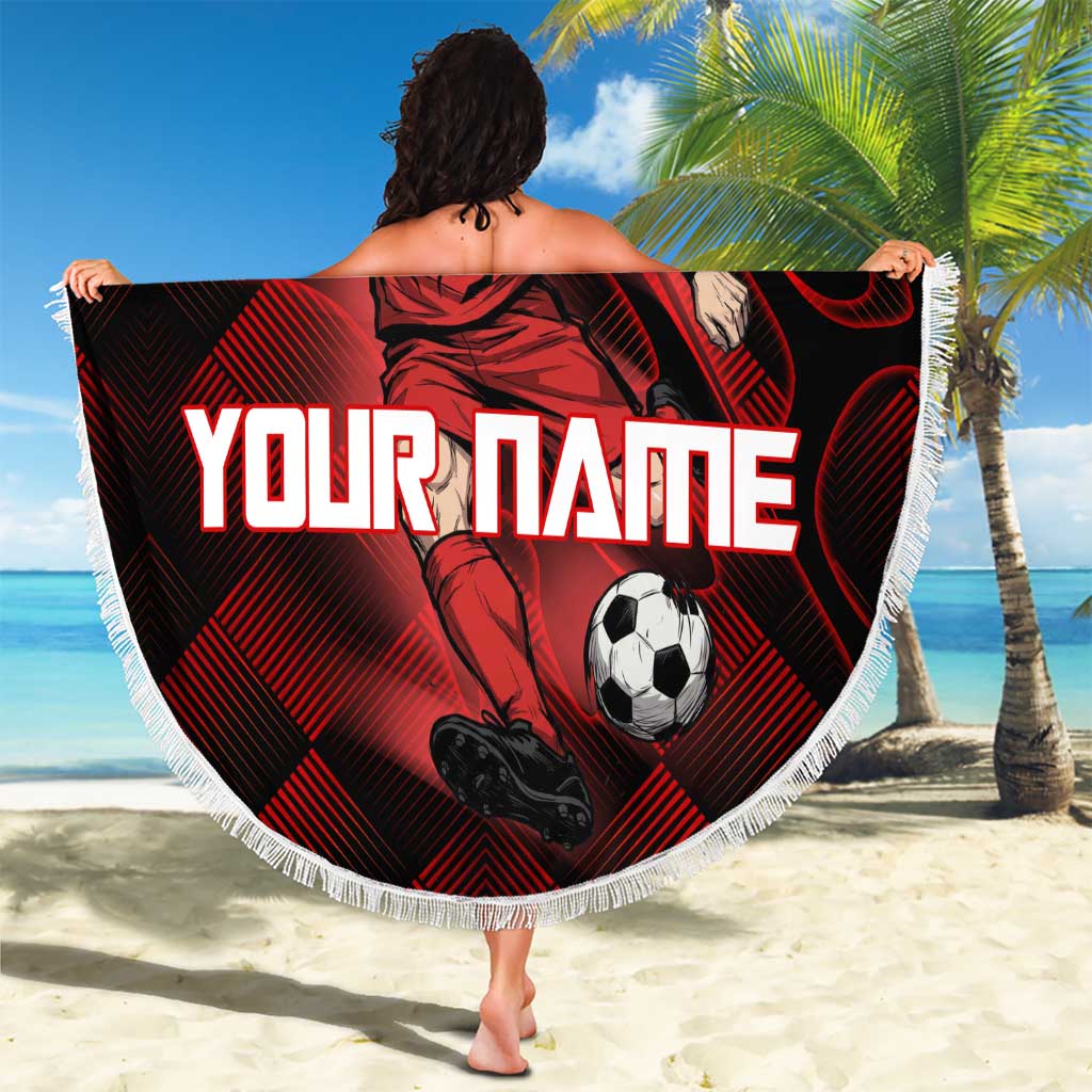 Personalized Sukuna Jujutsu Kaisen Soccer Theme Beach Blanket with Powerful Kick Pose and Red Black Plaid Graphic Design - The Mazicc