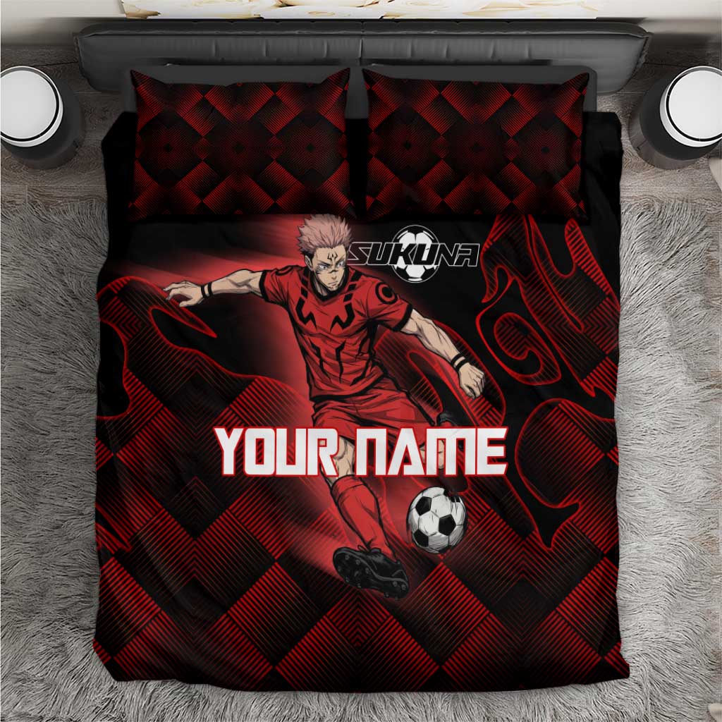 Personalized Sukuna Jujutsu Kaisen Soccer Theme Bedding Set with Powerful Kick Pose and Red Black Plaid Graphic Design - The Mazicc