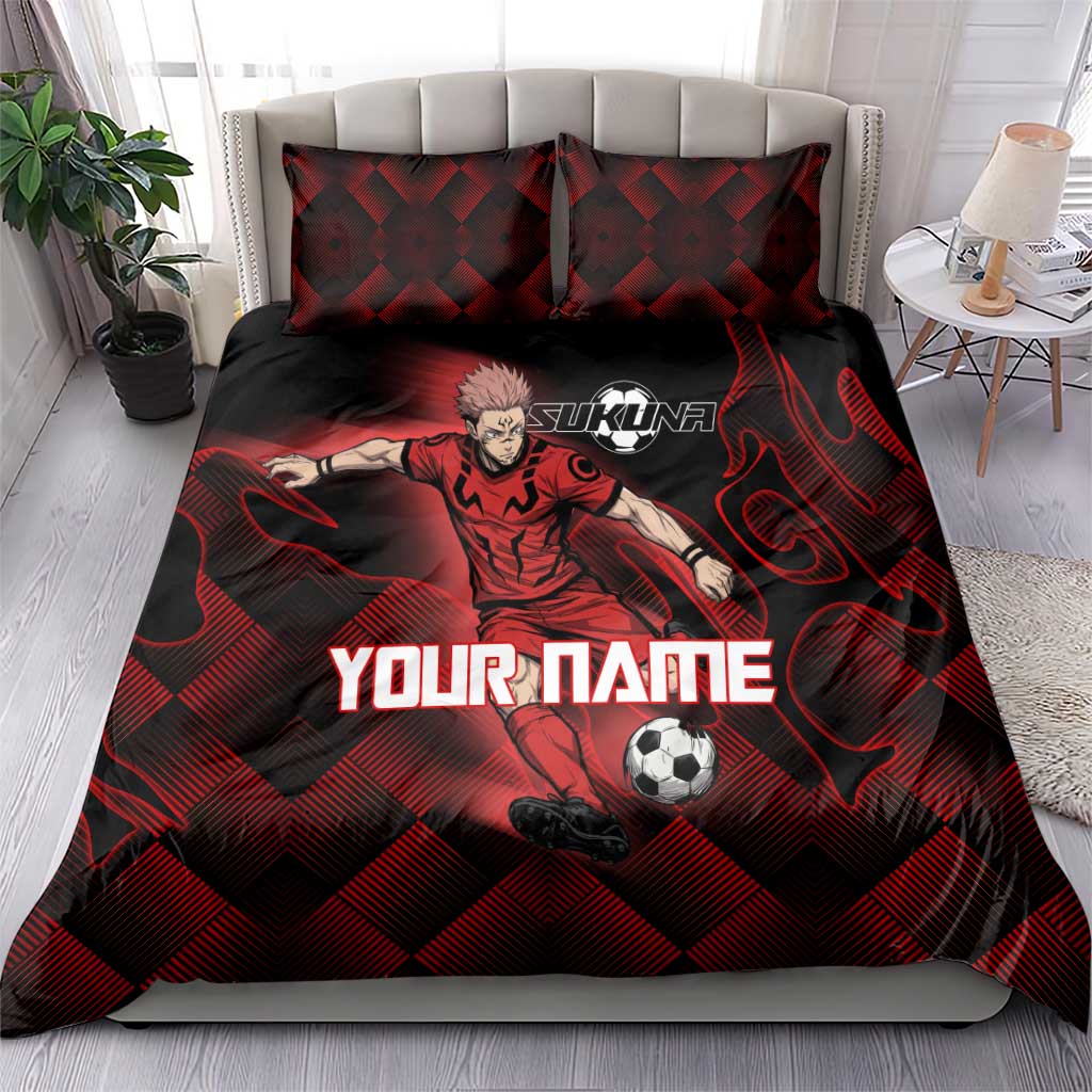 Personalized Sukuna Jujutsu Kaisen Soccer Theme Bedding Set with Powerful Kick Pose and Red Black Plaid Graphic Design - The Mazicc