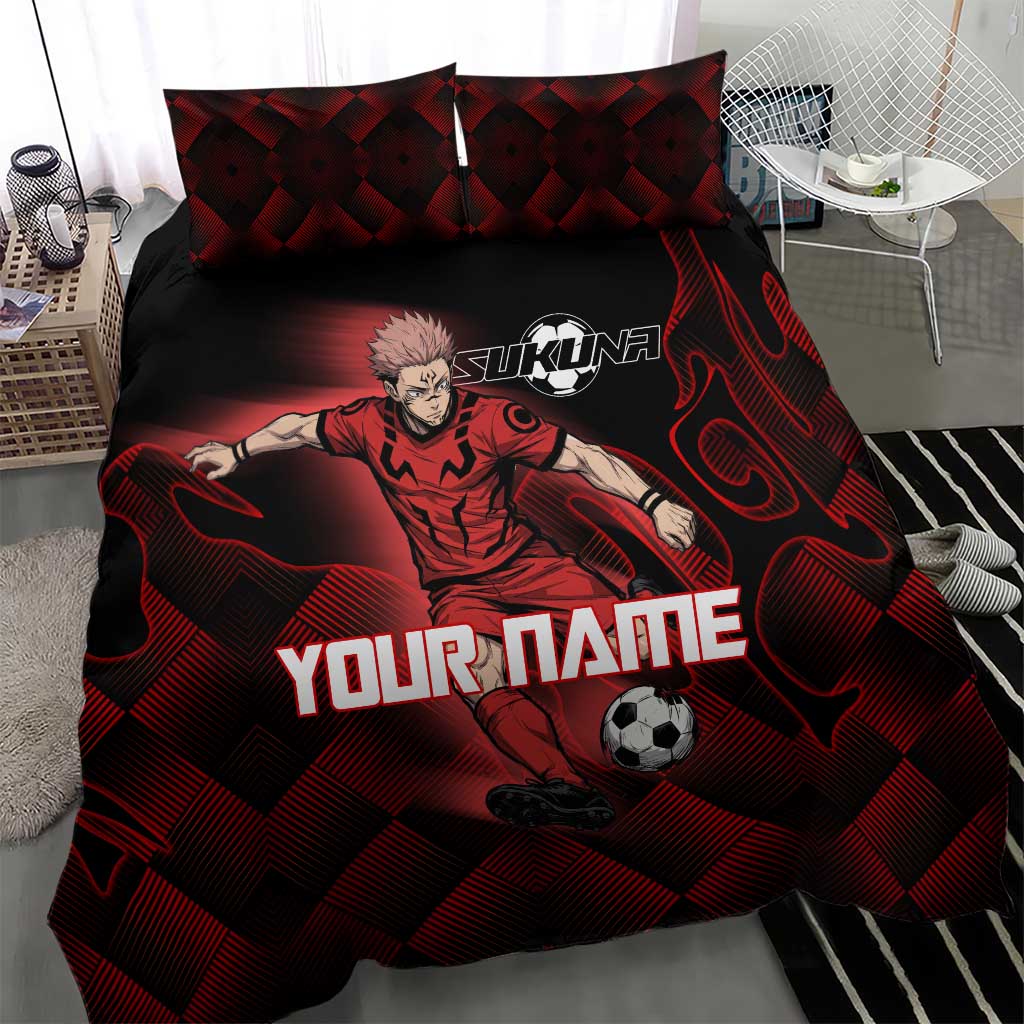 Personalized Sukuna Jujutsu Kaisen Soccer Theme Bedding Set with Powerful Kick Pose and Red Black Plaid Graphic Design - The Mazicc
