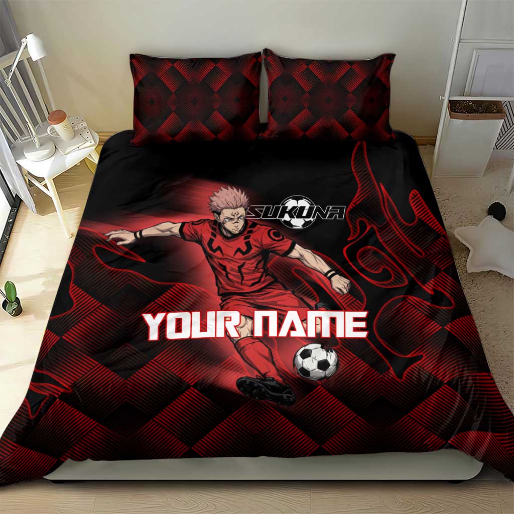 Personalized Sukuna Jujutsu Kaisen Soccer Theme Bedding Set with Powerful Kick Pose and Red Black Plaid Graphic Design - The Mazicc